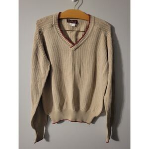 Evan-Picone Vintage Womens V-Neck Sweater Tan Red Trim M